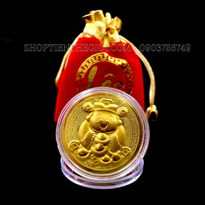 Combo 10 Đồng xu Thần Tài Mạ Vàng Cute Tặng Túi Gấm Lộc - SP005492